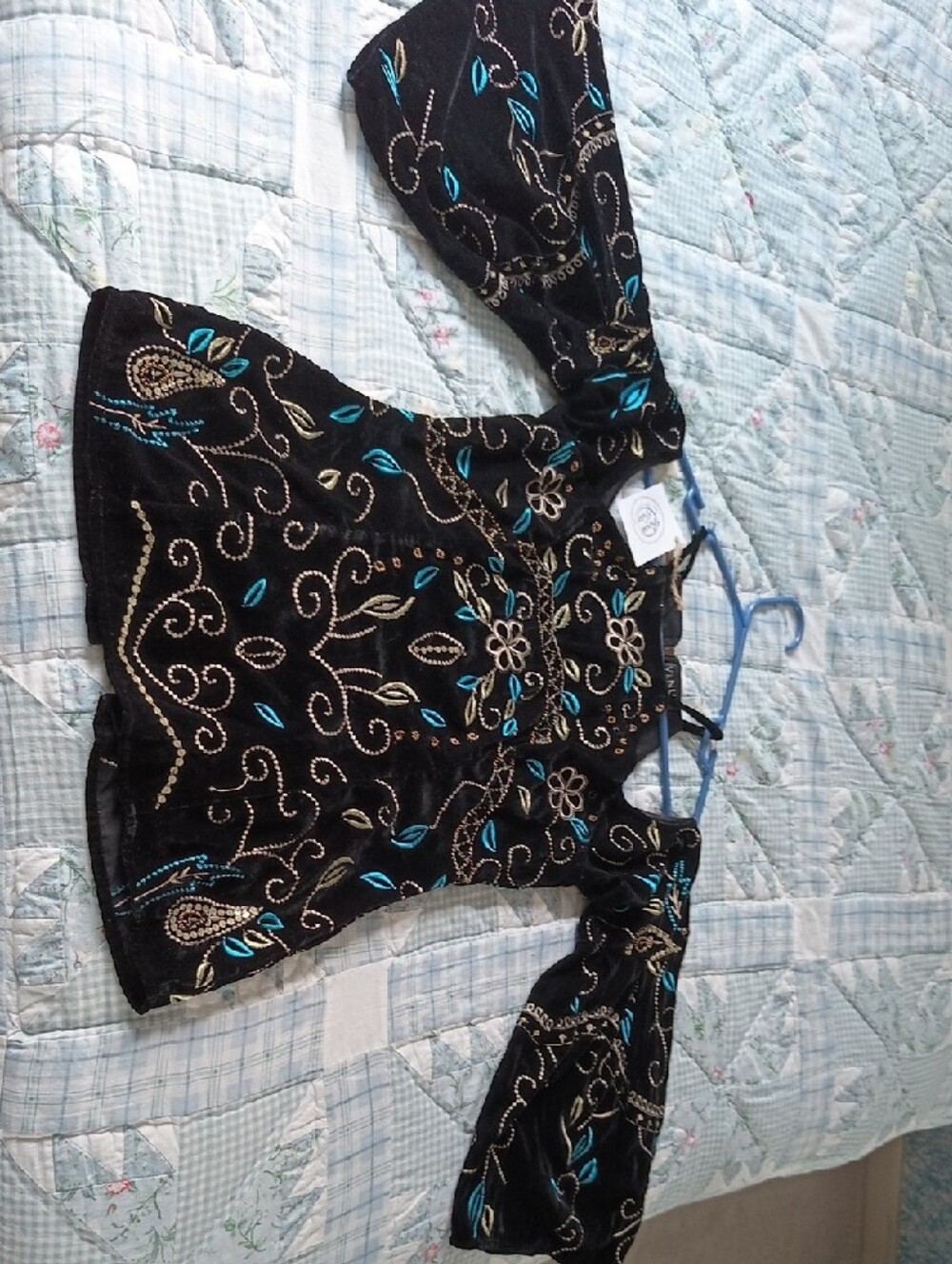 Black Embroidered Velvet Tunic Top with Teal Accents - Picture 2 of 11